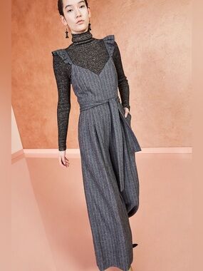 Ulla Johnson Lake Jumpsuit Wool Silk Blend In Ash Grey Pinstripe Size 6